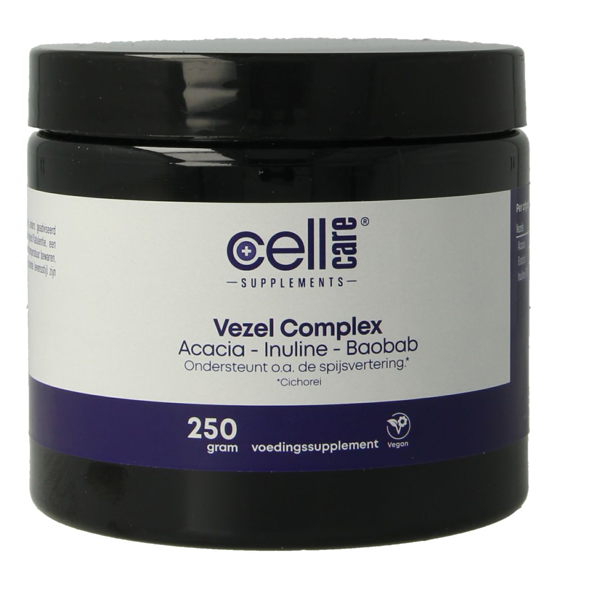 CellCare Vezel complex herbal supplement with acacia, inulin, and baobab in a 250g package, featuring a colorful illustrated label.