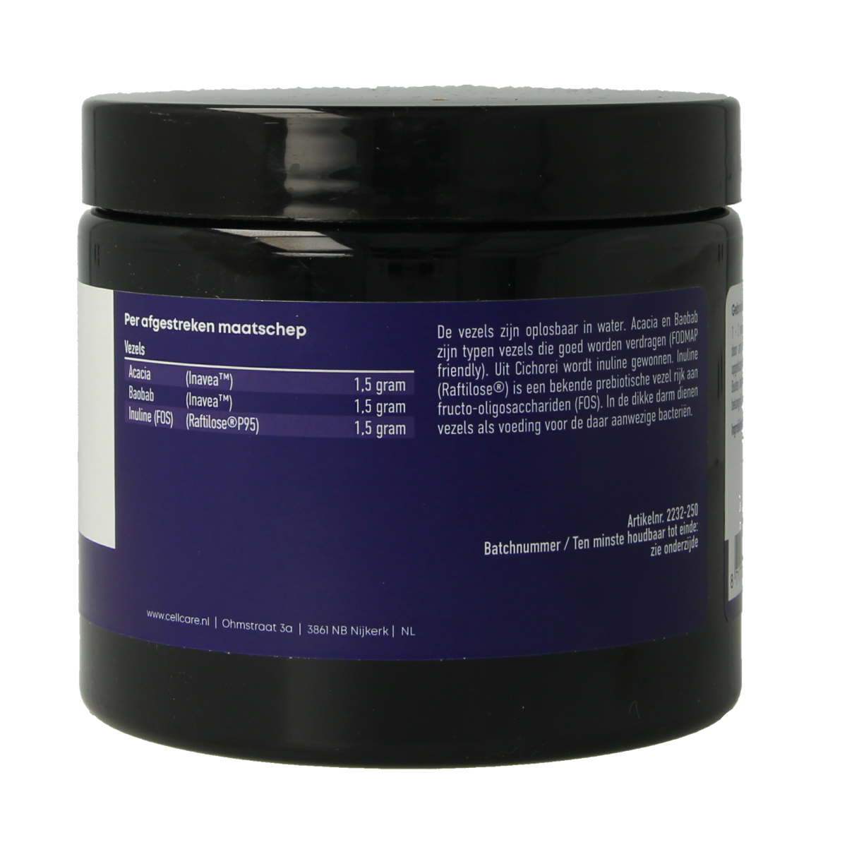 CellCare Vezel complex with acacia, inulin, and baobab in a 250g container, herbal supplement for digestive health.