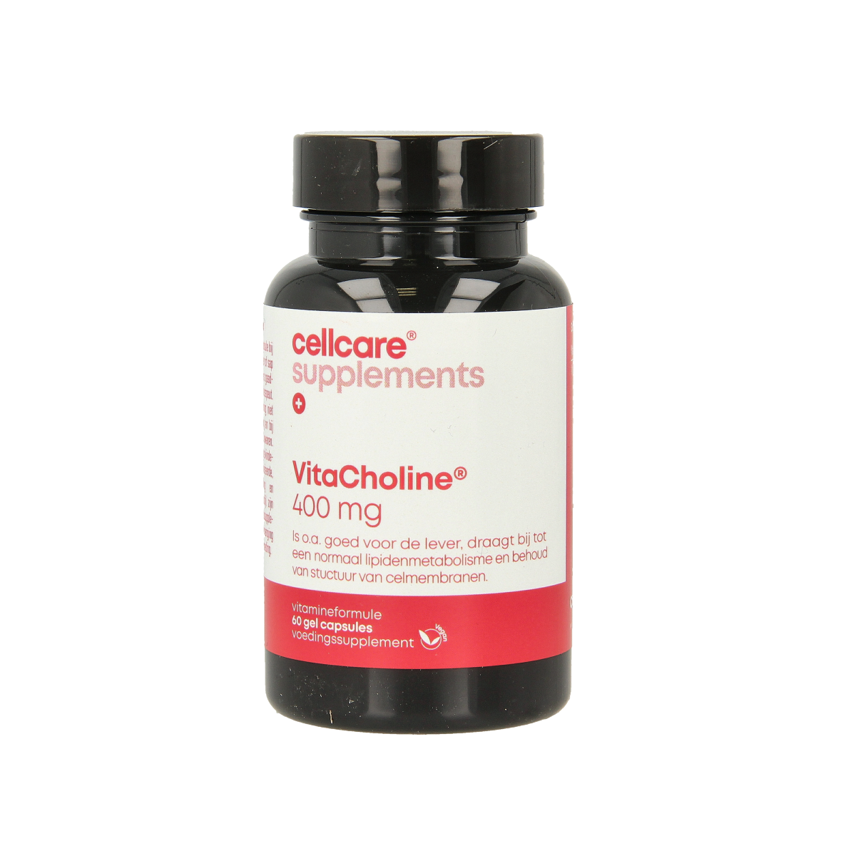 CellCare Vitacholine capsules in a bottle, herbal supplement from CellCare, showing the product label and capsules inside.