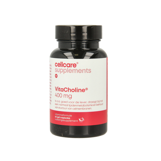 CellCare Vitacholine capsules in a bottle, herbal supplement from CellCare, showing the product label and capsules inside.