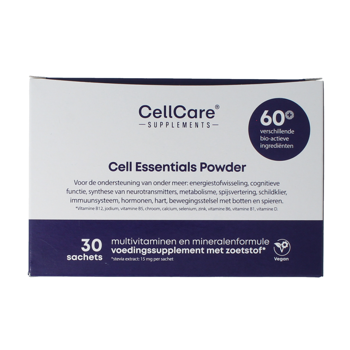 CellCare Cell Essentials multivitamin powder in 30 sachets, colorful packets showing vibrant fruit illustrations.