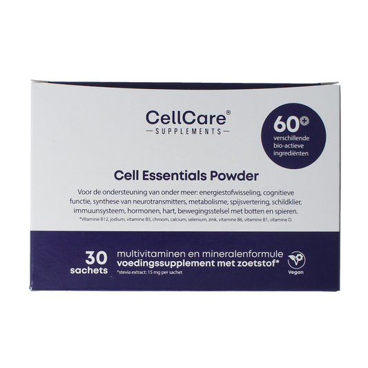 CellCare Cell Essentials multivitamin powder in 30 sachets, colorful packets showing vibrant fruit illustrations.