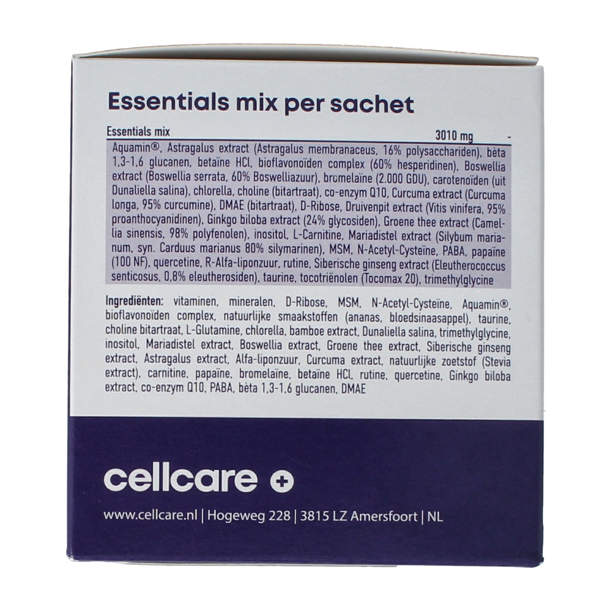 CellCare Cell Essentials multivitamin powder in a packet, featuring colorful sachets of daily vitamin supplement.