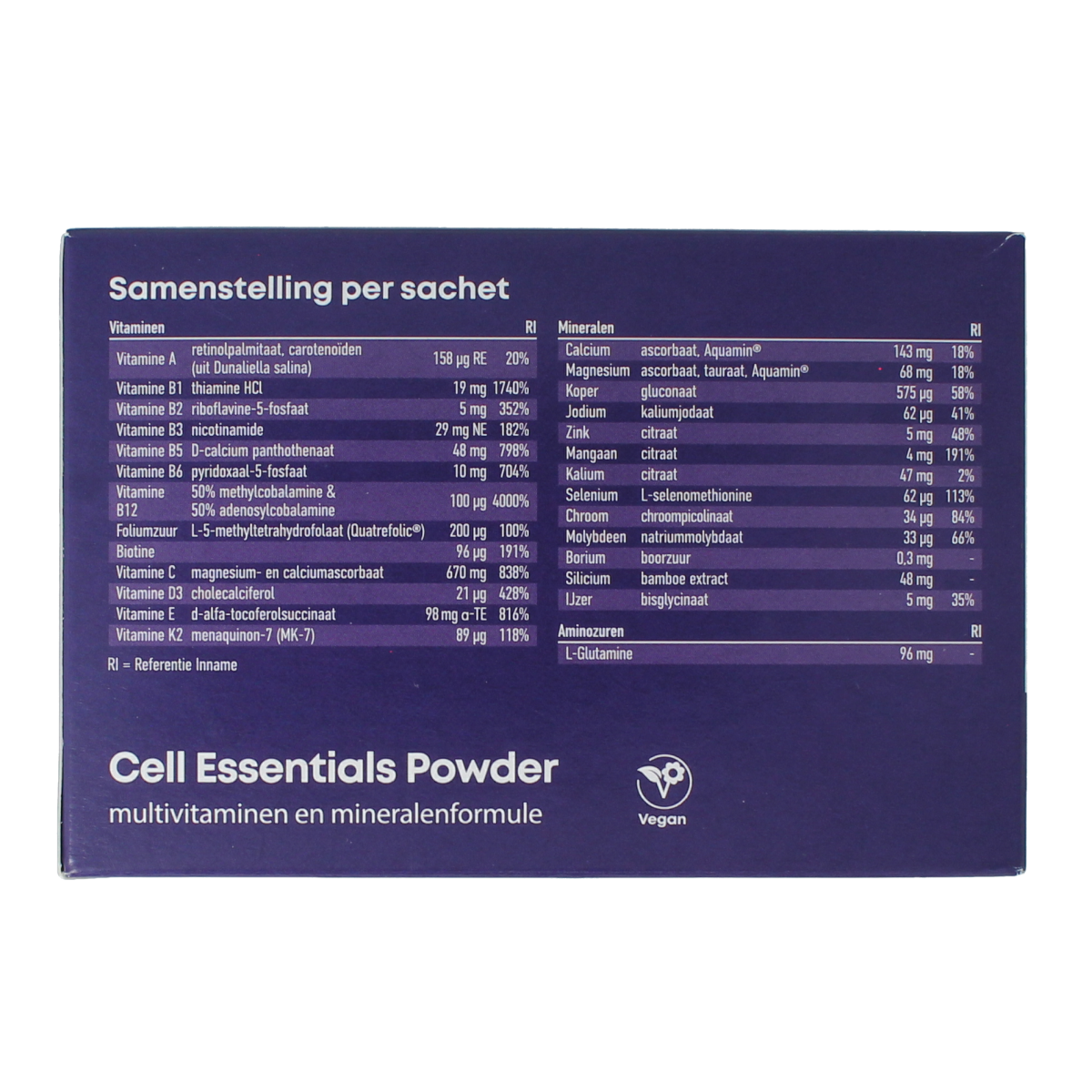 CellCare Cell Essentials multivitamin powder in a packet, showing colorful packaging with 30 sachets for daily vitamin intake.