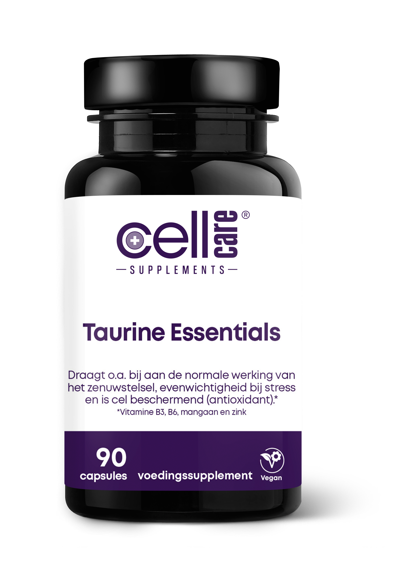 CellCare Taurine essentials amino acid capsules, 90 count, showing the supplement bottle and label with product details.