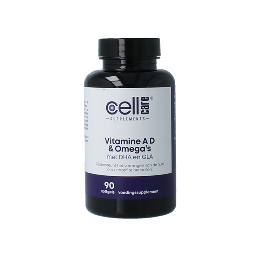 CellCare Vitamin A, D, and Omega's multivitamin softgels in a bottle, showing 90 softgel capsules for daily nutritional support.