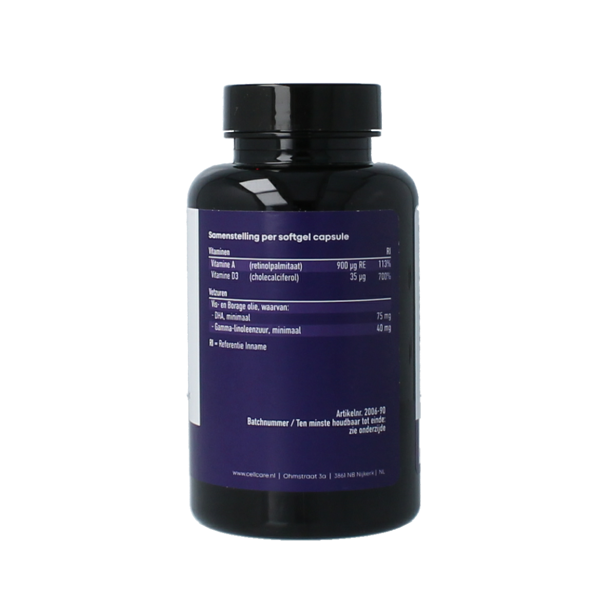 CellCare Vitamin A, D, and omega softgels bottle showing 90 softgel capsules for daily multivitamin and supplement support.