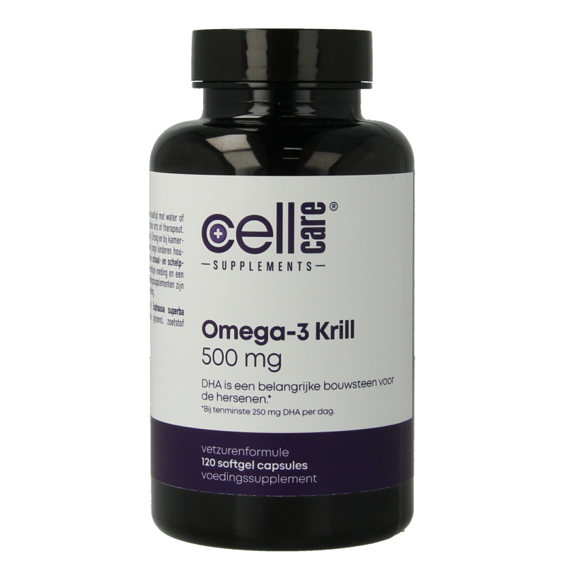 CellCare Omega-3 krill softgels, Vetzuren supplement, showing 120 softgel capsules in a clear jar.
