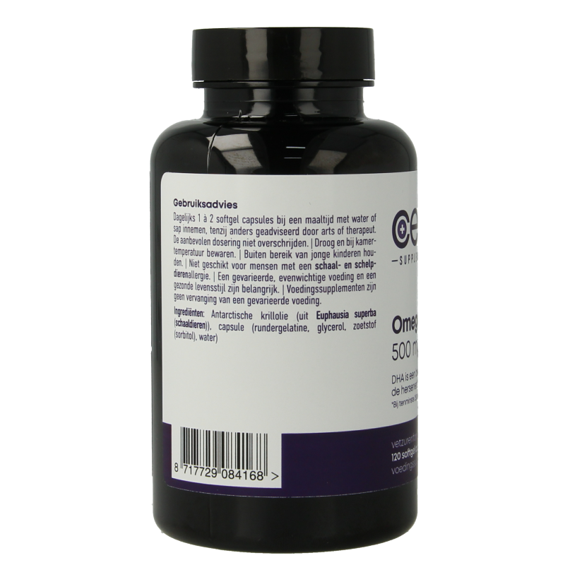 CellCare Omega-3 krill Vetzuren softgels in a bottle, showing the 120 softgel package with a focus on the product label.