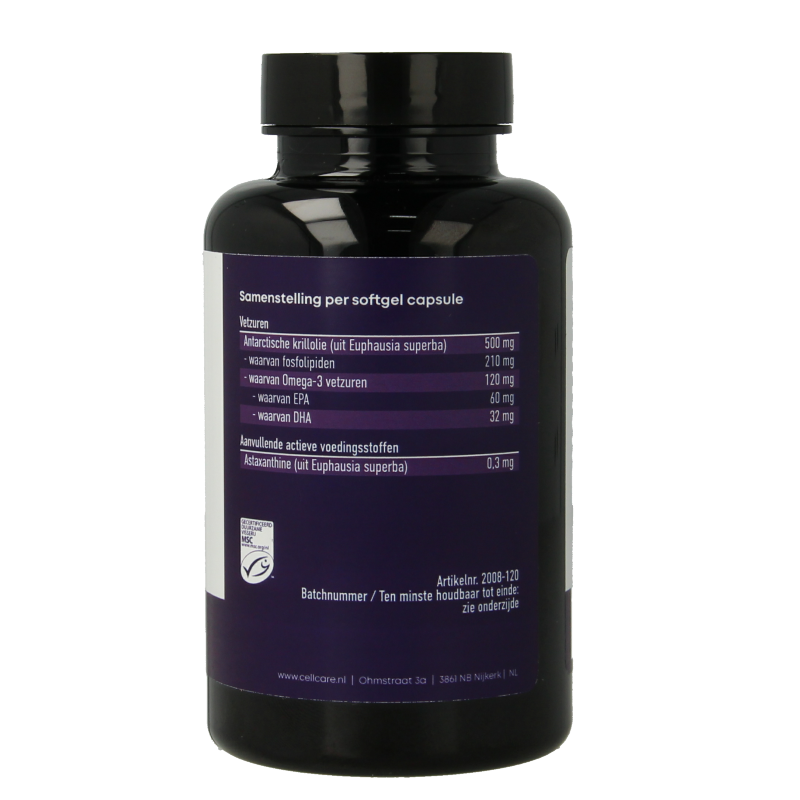 CellCare Omega-3 krill softgels, Vetzuren supplement in a bottle, showing 120 softgel capsules on the label.