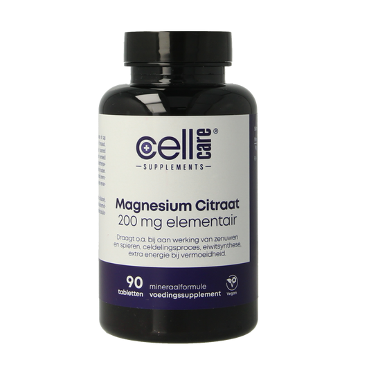 CellCare Magnesium 200mg tablets, mineral supplement showing 90 tablets in the bottle.