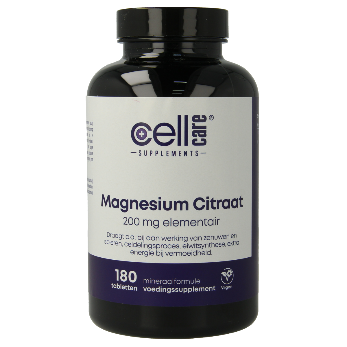 CellCare Magnesium 200mg mineral supplement tablets, 180 count, showing the bottle label and tablets inside.