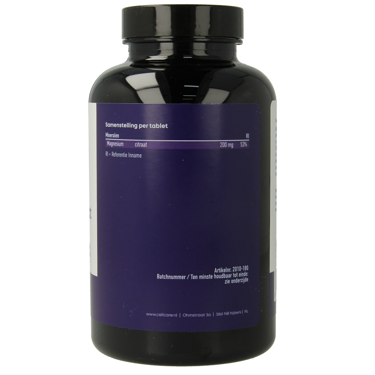 CellCare Magnesium 200mg mineral supplement tablets, close-up of the bottle and tablets in a natural setting