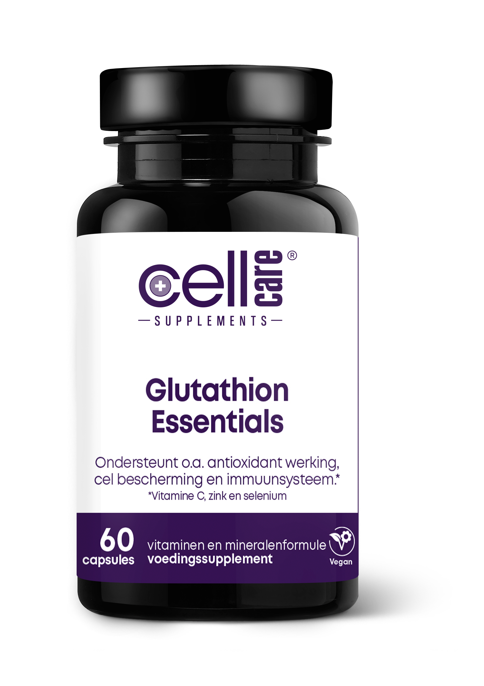 CellCare Glutathion essentials vegetarian capsules, amino acids supplement in a clear container with capsules visible inside.