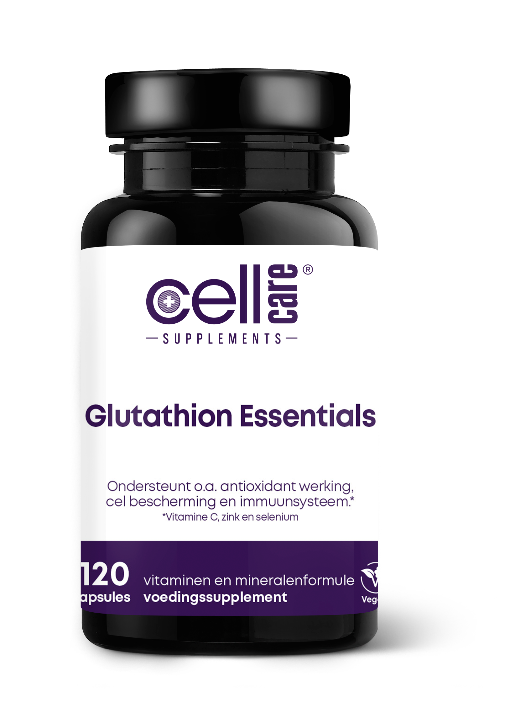 CellCare Glutathion essentials vegetarian amino acid capsules in a bottle, dietary supplement for immune support.