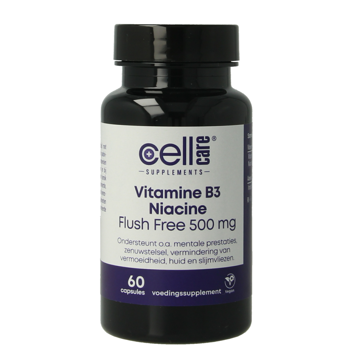 CellCare Vitamin B3 niacin flush-free 500mg vegetarian capsules, dietary supplement, close-up of the supplement bottle.