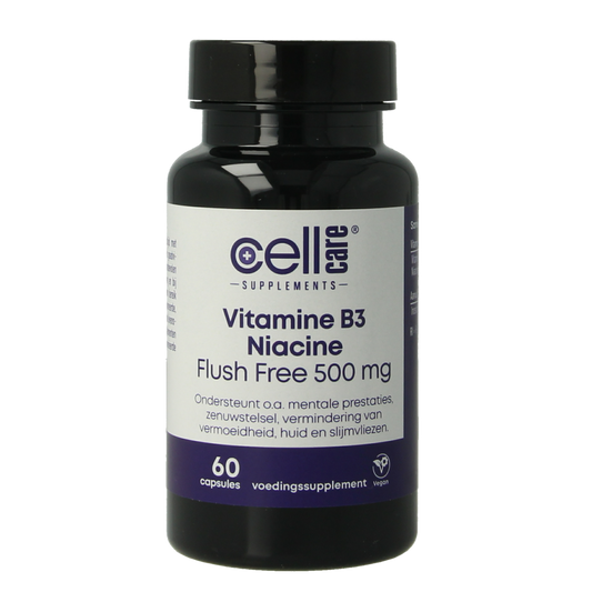 CellCare Vitamin B3 niacin flush-free 500mg vegetarian capsules, dietary supplement, close-up of the supplement bottle.