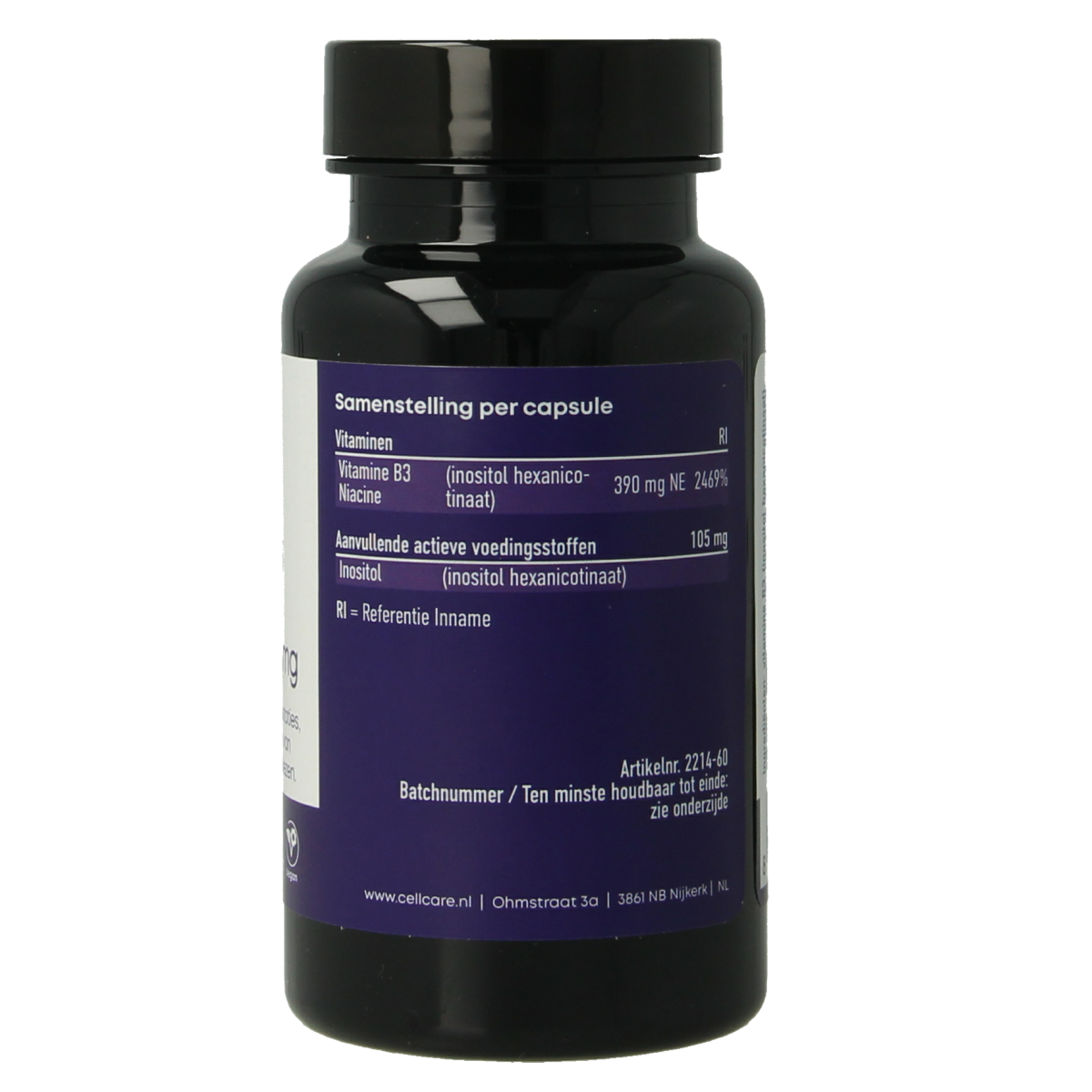 CellCare Vitamin B3 niacin flush-free vegetarian capsules, 500mg, shown in colorful capsule form.