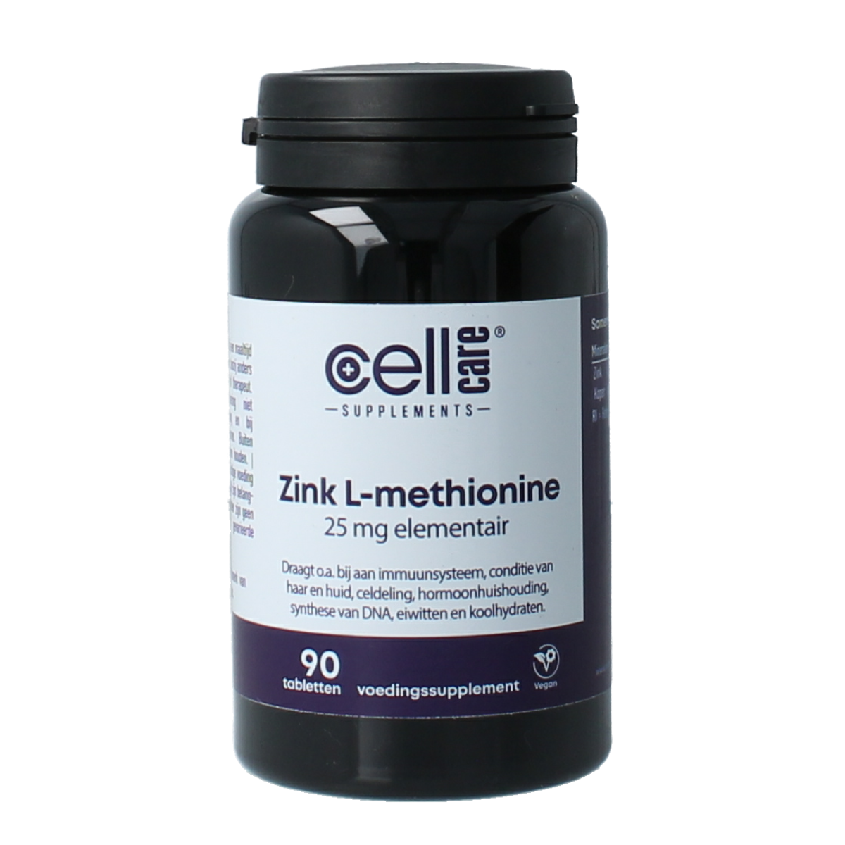 CellCare Zink L-methionine mineral tablets, 90-count bottle, showing the supplement packaging and tablets.