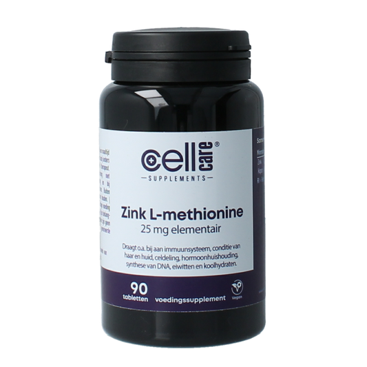 CellCare Zink L-methionine mineral tablets, 90-count bottle, showing the supplement packaging and tablets.