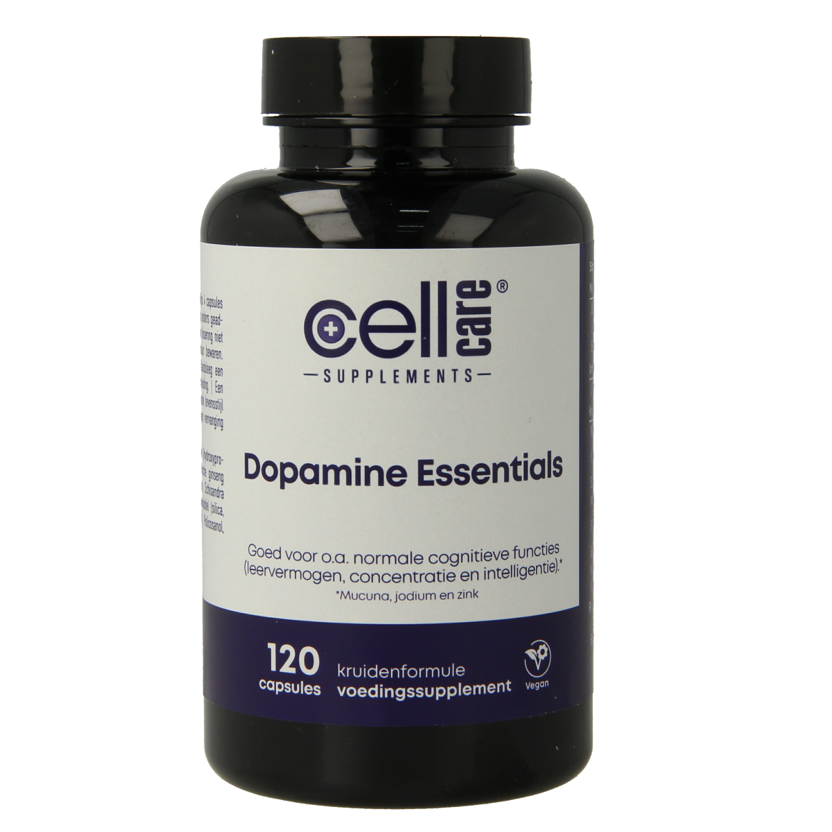 CellCare Dopamine essentials vegetarian capsules, herbal supplement package with capsules and label showing product details.
