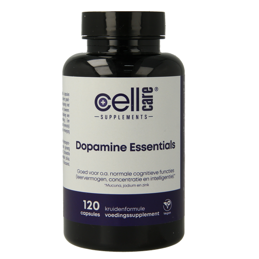 CellCare Dopamine essentials vegetarian capsules, herbal supplement package with capsules and label showing product details.
