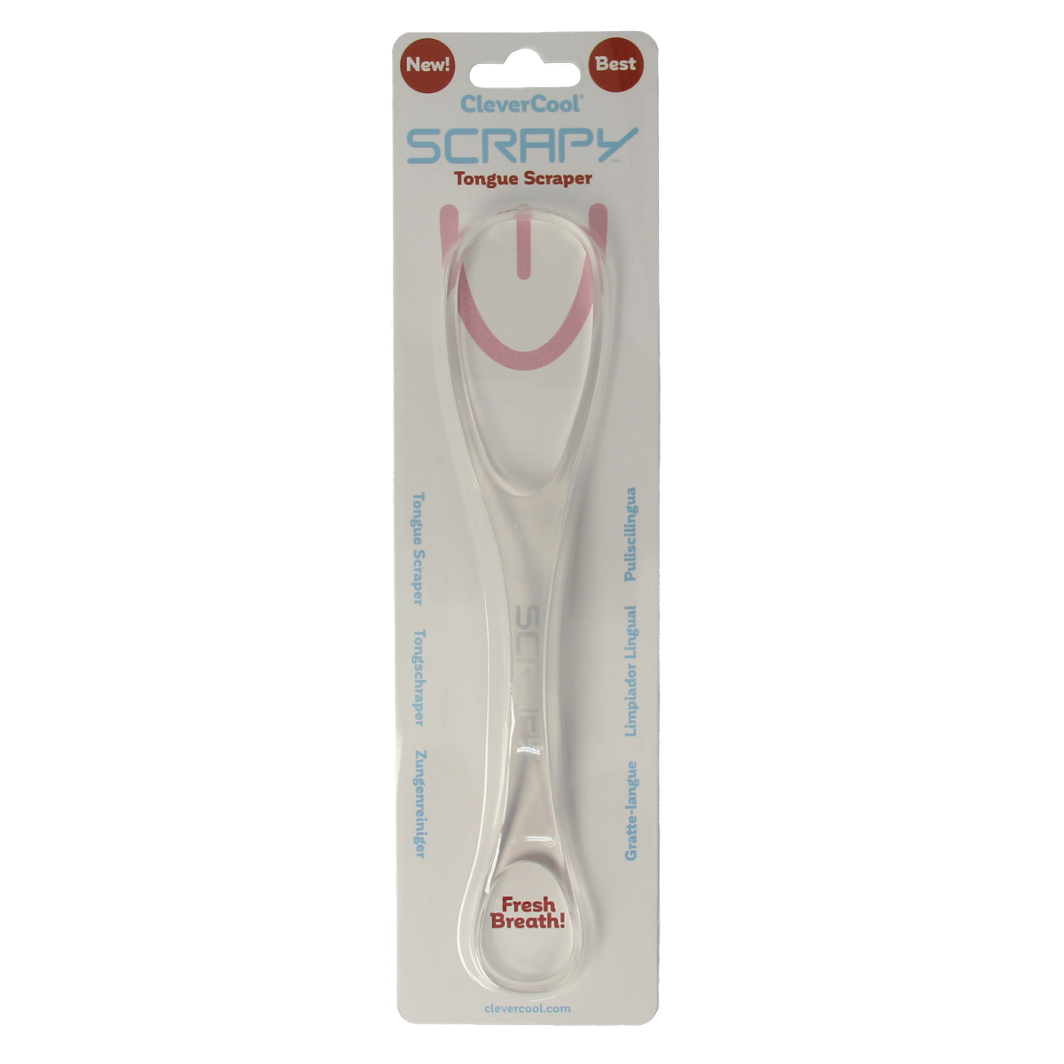 Clevercool Scrapy tongschraper for oral hygiene and plaque control, 1 piece, stainless steel with textured grip handle.