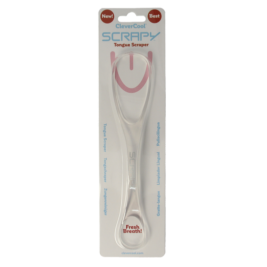 Clevercool Scrapy tongschraper for oral hygiene and plaque control, 1 piece, stainless steel with textured grip handle.