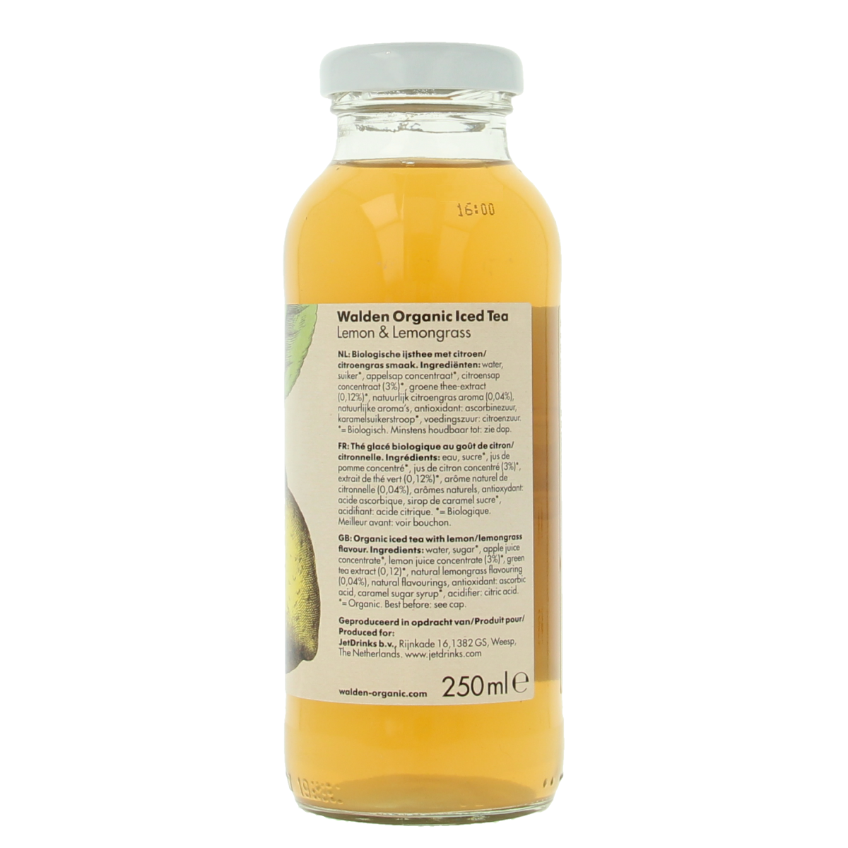 Walden Ice Tea Lemon Lemongrass bio 250ml bottle, refreshing herbal iced tea with lemon and lemongrass flavor, in a clear plastic bottle.