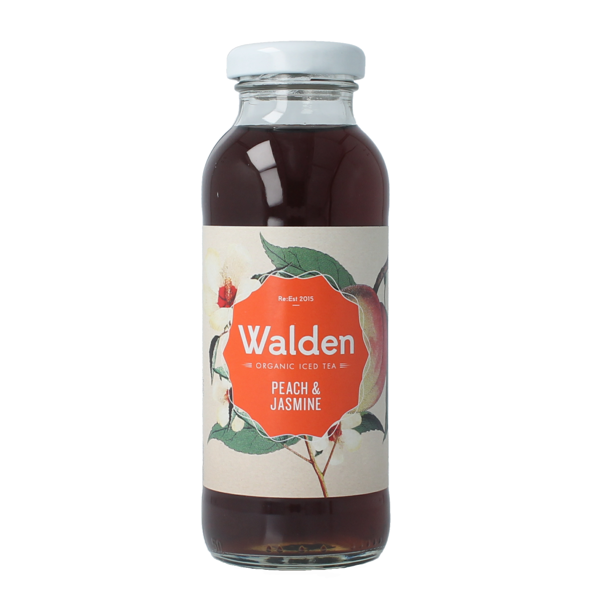 Walden Peach Jasmine Bio Ice Tea in 250ml bottle, refreshing drink with peach and jasmine flavors, in clear plastic bottle.