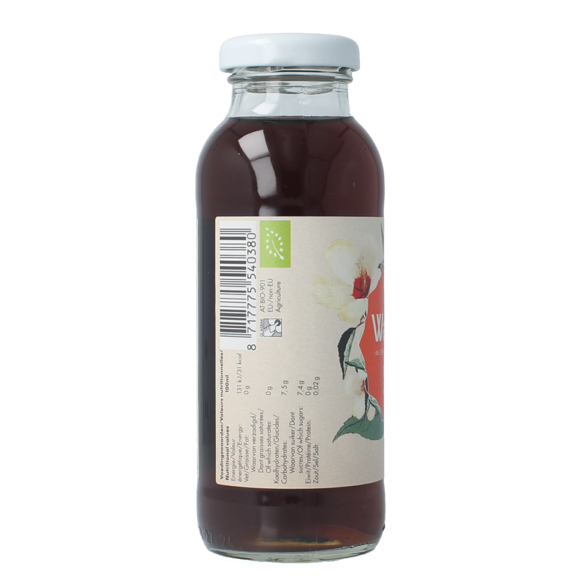 Glass bottle of Walden peach jasmine organic iced tea, 250ml, with a golden liquid inside and a label featuring peach and jasmine imagery.