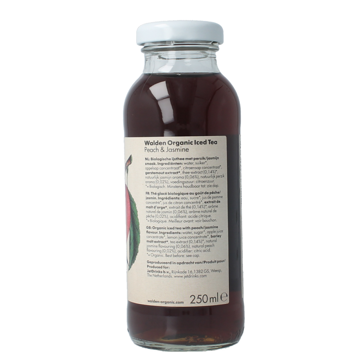 Walden Peach Jasmine Bio Ice Tea in 250ml bottle, fresh brewed beverage with peach and jasmine flavors, for refreshing drinks.