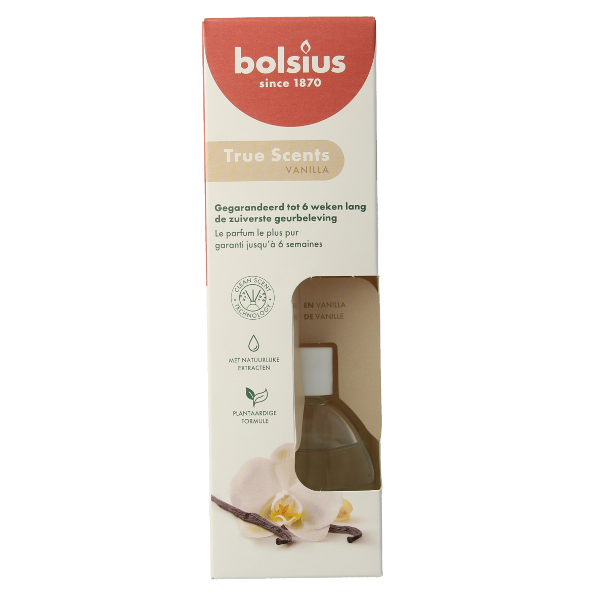 Bolsius True Scents vanilla scent diffuser bottle, 60ml, with a sleek design and vanilla fragrance for home aroma enhancement.