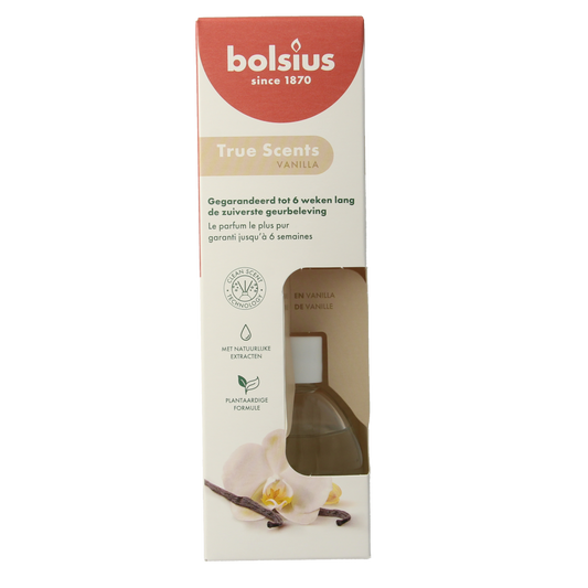 Bolsius True Scents vanilla scent diffuser bottle, 60ml, with a sleek design and vanilla fragrance for home aroma enhancement.