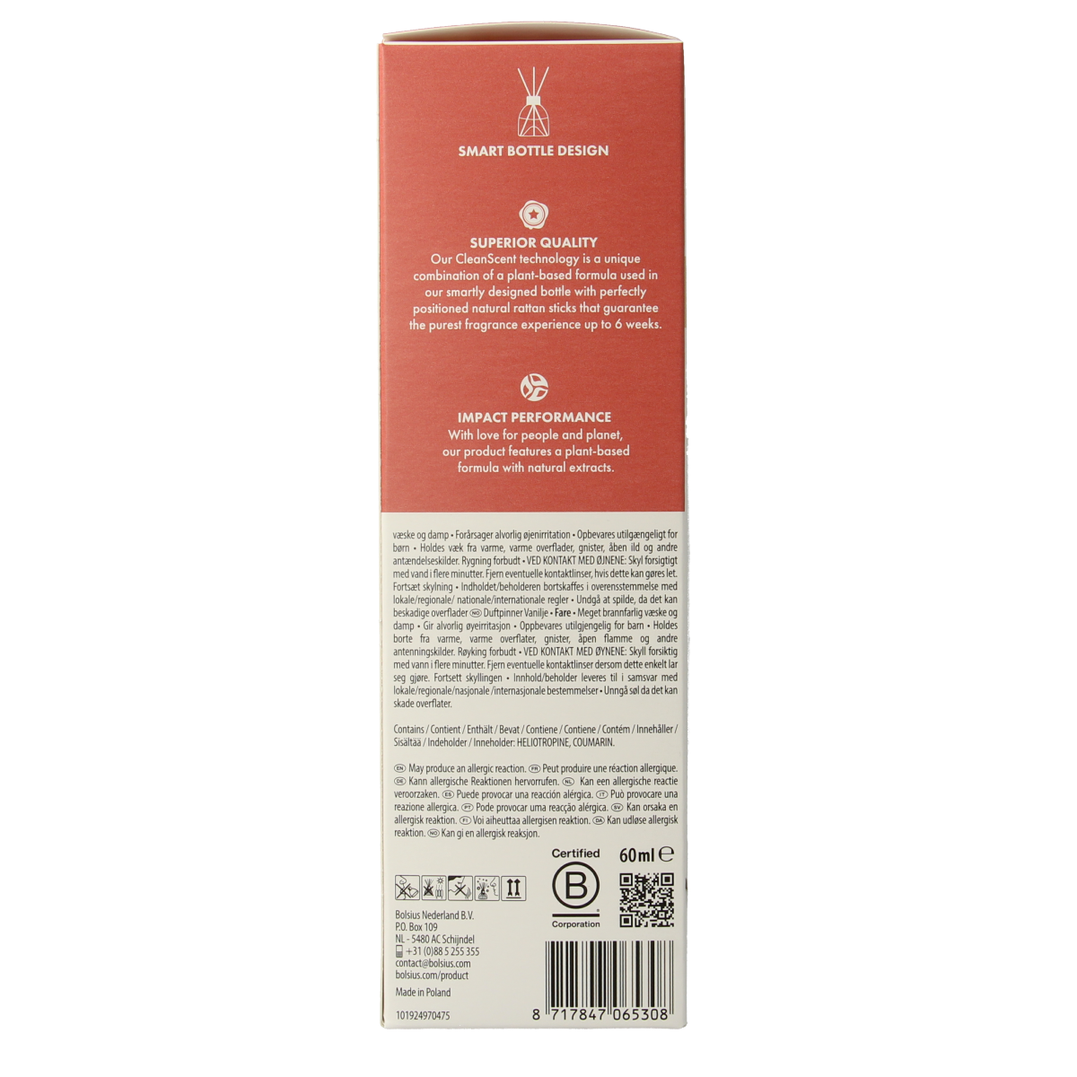 Bolsius True Scents vanilla scent diffuser bottle, 60ml, with a clear glass container and vanilla fragrance in the image.