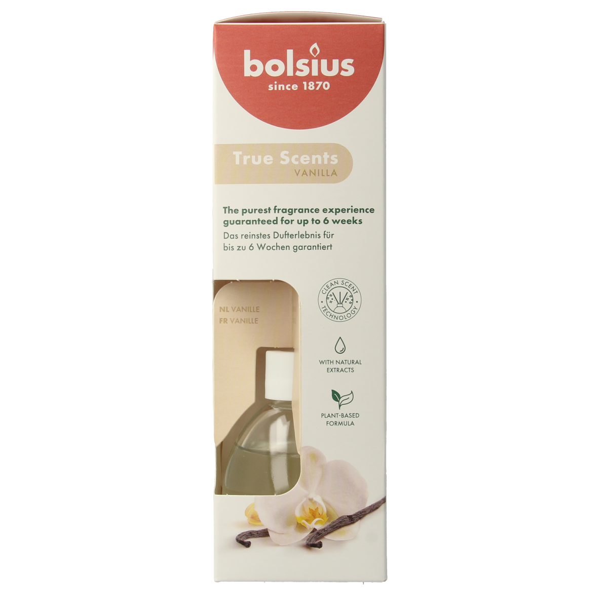 Bolsius True Scents vanilla fragrance diffuser in a 60ml bottle, designed for home scenting with a sleek, minimalist look.