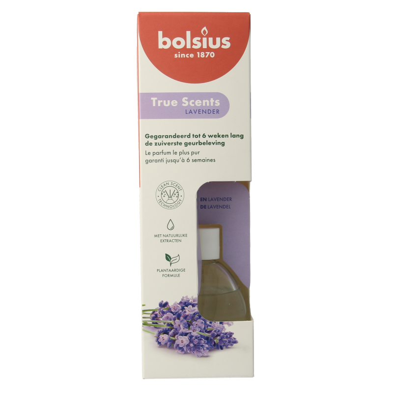 Bolsius True Scents lavender geurverspreider in 60ml bottle, natural scent diffuser for freshening rooms and creating a calming atmosphere.
