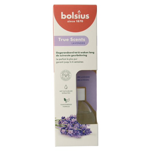 Bolsius True Scents lavender geurverspreider in 60ml bottle, natural scent diffuser for freshening rooms and creating a calming atmosphere.