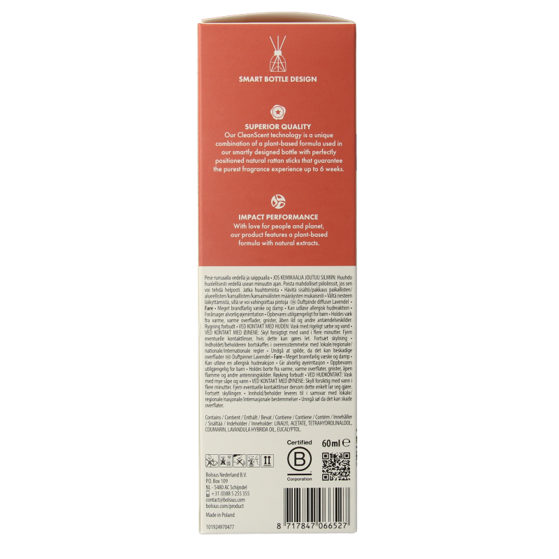 Bolsius True Scents lavender scent diffuser bottle with 60ml capacity, natural lavender fragrance in a sleek design