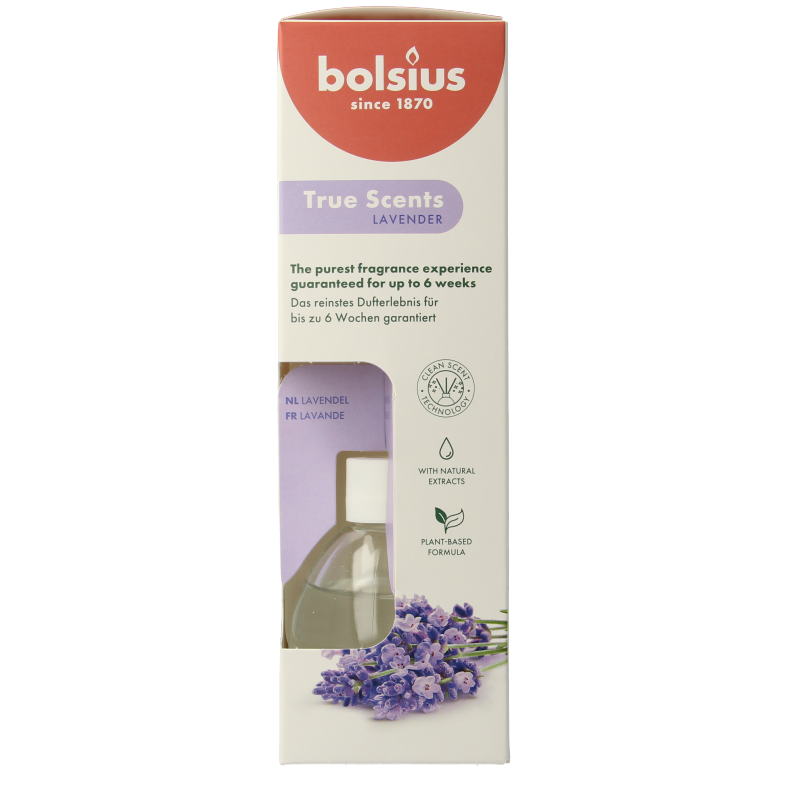 Bolsius True Scents lavender scent diffuser with 60ml capacity, showcasing the sleek diffuser bottle and lavender fragrance.