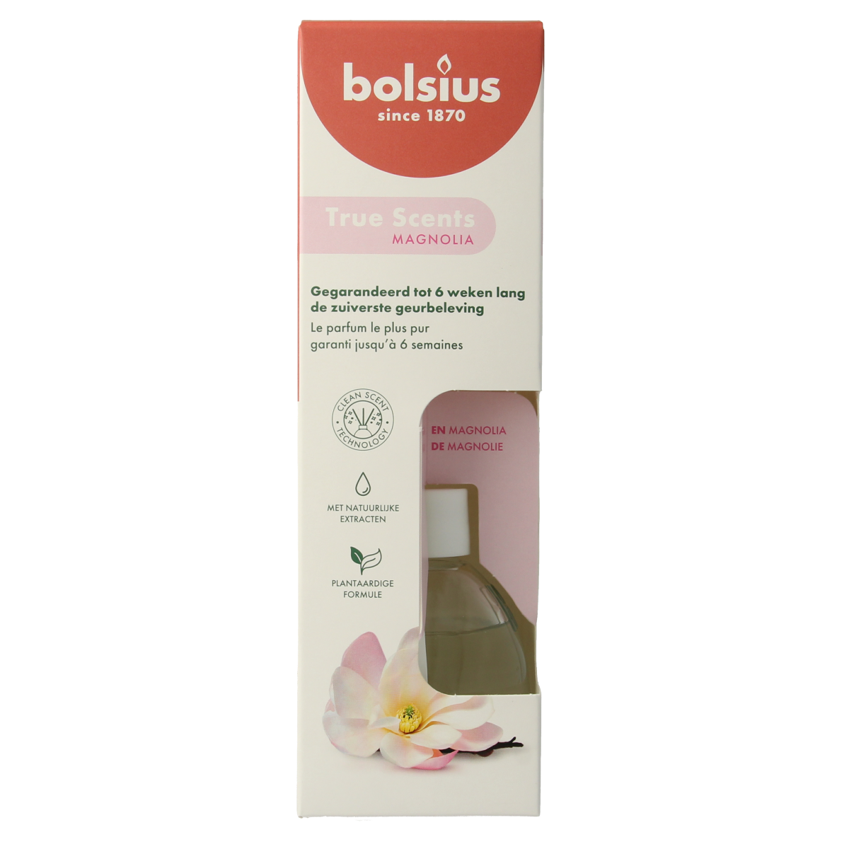 Bolsius True Scents magnolia scent diffuser bottle with 60ml capacity, showcasing the elegant design and fragrance content.