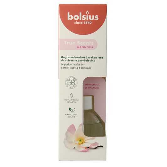 Bolsius True Scents magnolia scent diffuser bottle with 60ml capacity, showcasing the elegant design and fragrance content.
