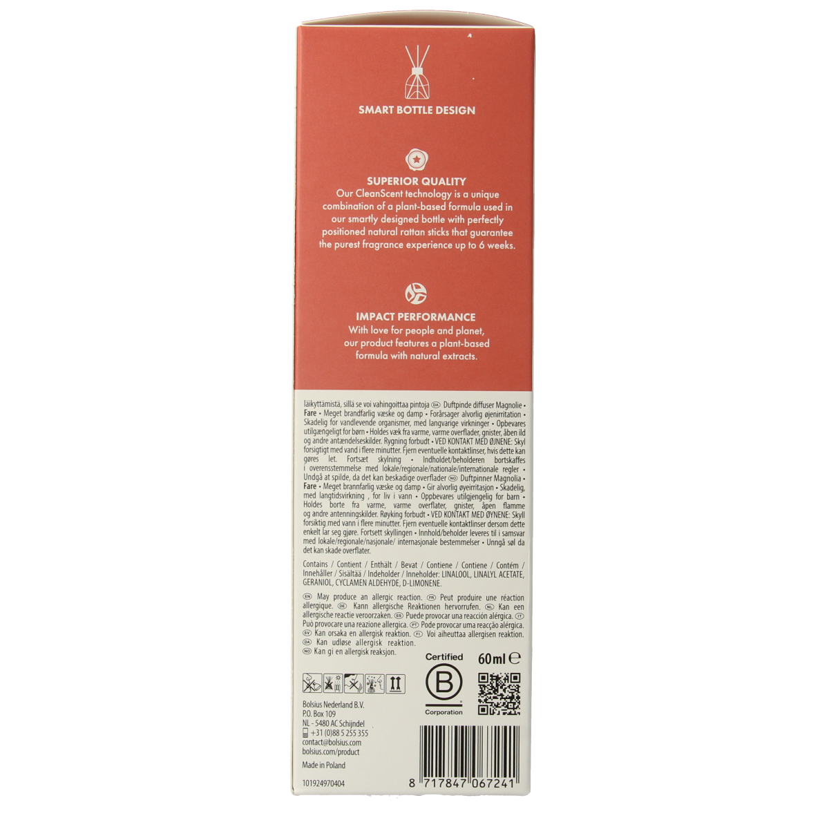 Bolsius True Scents magnolia scent diffuser with 60ml capacity, featuring a sleek design for home fragrance.