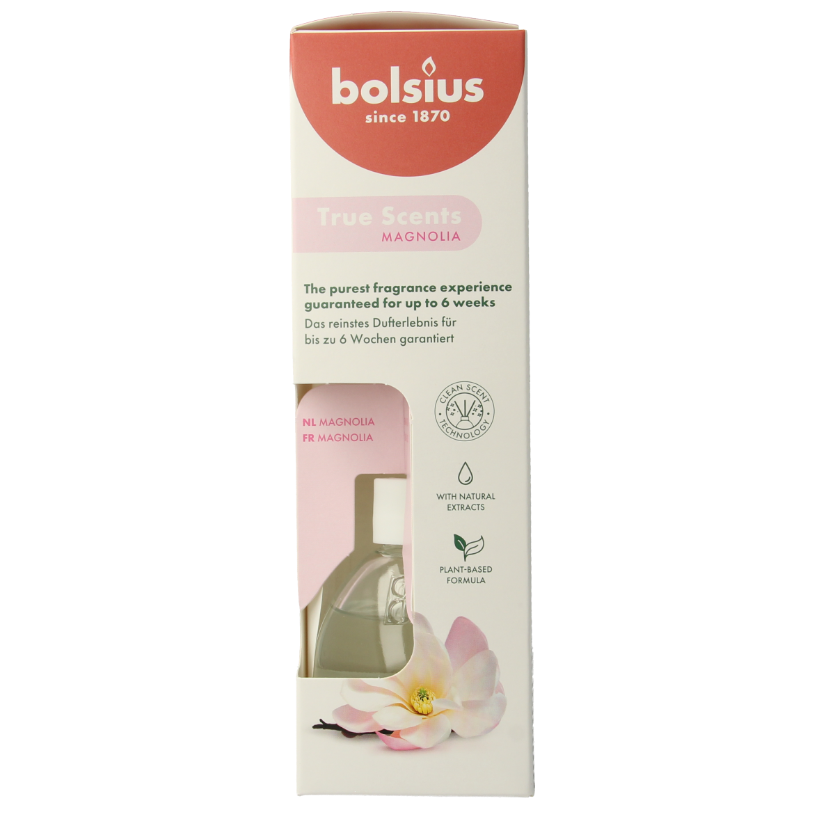 Bolsius True Scents Magnolia scent diffuser bottle with 60ml liquid, showcasing the elegant packaging and product details.