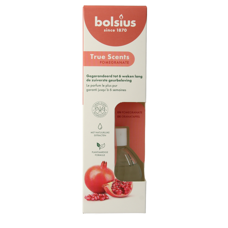 Bolsius True Scents pomegranate scent diffuser bottle with 60ml capacity, natural fragrance and decorative design.