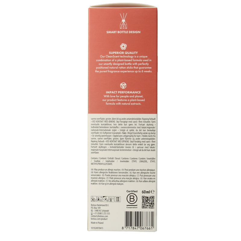 Bolsius True Scents pomegranate scent diffuser bottle, 60ml, with decorative label and transparent cap.