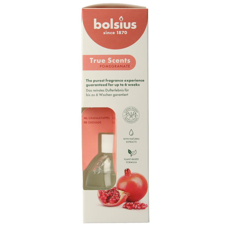 Bolsius True Scents pomegranate scent diffuser with 60ml bottle, featuring a sleek design and vibrant pomegranate imagery.