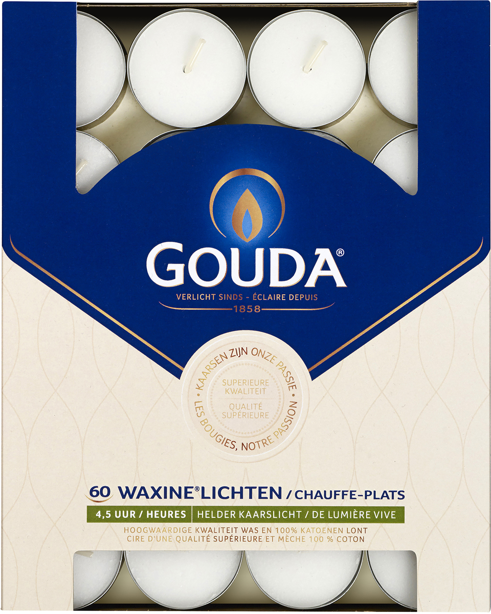 Gouda waxinelicht candles in white, 4.5-hour burn time, 60 pieces, ideal for ambient lighting and decoration.