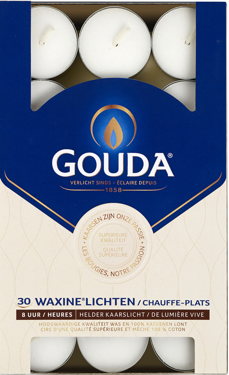 Gouda waxinelicht candles in white, 8-hour burn time, set of 30, ideal for warm ambiance and decorative lighting.