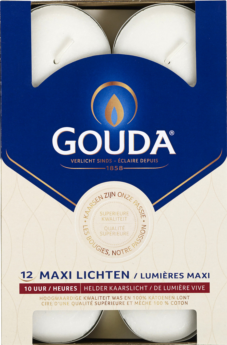 Gouda Maxi waxinelicht candles in white, 10-hour burn time, set of 12, shown in a close-up image.